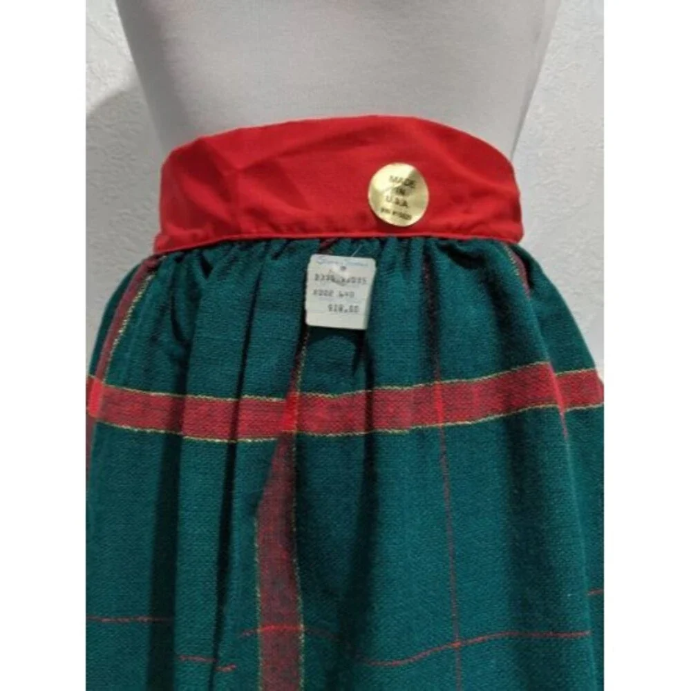 Green Christmas Red Woven Burlap Vintage Half Apron Holiday Plaid NOS